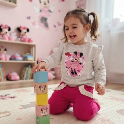 Criança com roupa da Minnie Mouse em ambiente decorado com tema Minnie.