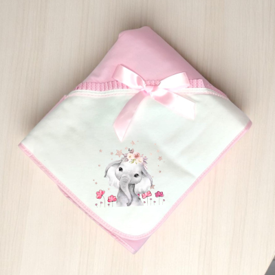 Manta para bebé branca e rosa com elefante e laço de cetim