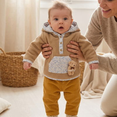 Bebé vestido com camisola de felpa castanha clara com capuz, calças castanhas e sapatinhos de malha bege