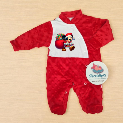 Macacão vermelho e branco para bebé com estampa de Mickey Pai Natal