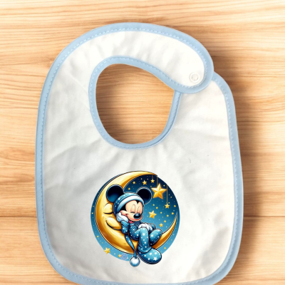 Babete branco com bordos azuis e estampa do Mickey Mouse na lua