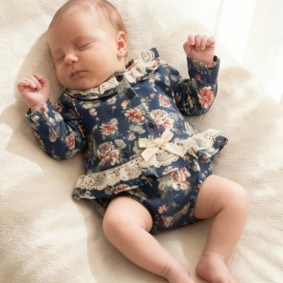 Bebé deitado com body floral azul escuro com renda bege