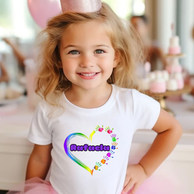 Camisola branca com estampa colorida e texto 'Rafaela' usada por criança em festa