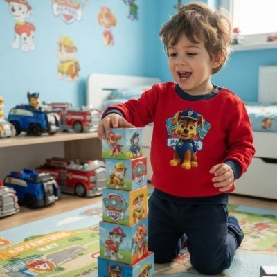 Criança a empilhar cubos coloridos com tema PAW Patrol em quarto azul decorado com personagens da série