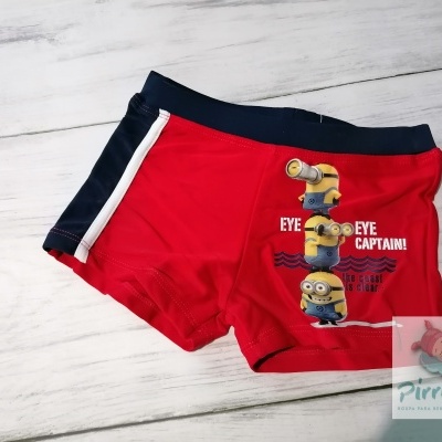 Calções de banho vermelhos para criança com estampa de minions e texto