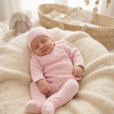 Bebé dormindo em roupa cor-de-rosa em tecido de malha, deitado em almofada creme com berço ao fundo