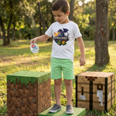 Criança vestida com roupa Minecraft ao ar livre em cubos decorativos pixelizados