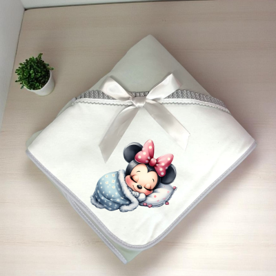 Manta branca infantil com laço e estampa da Minnie Mouse a dormir