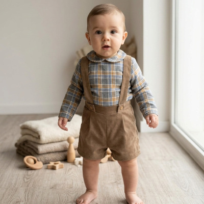 Bebé com camisa xadrez azul e castanha com calções de alças castanhos em quarto com brinquedos de madeira