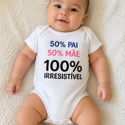 Bebé deitado com body branco escrito 50% PAI 50% MÃE 100% IRRESISTÍVEL