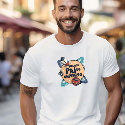 Homem sorridente com t-shirt branca estampada 'MELHOR PAI do UNIVERSO'