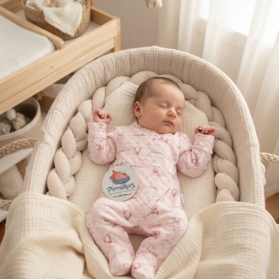Bebé a dormir numa cama de bebé acolchoada com pijama rosa e etiqueta pirralhos
