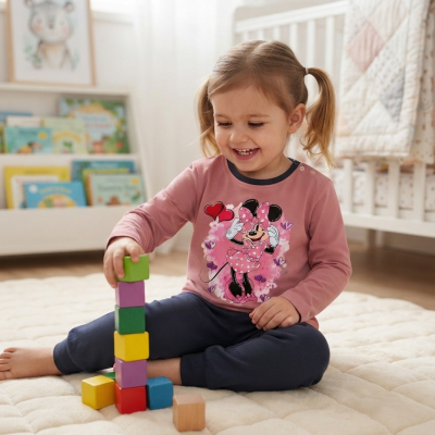 Criança vestindo camisola rosa com estampa da Minnie e calças azuis brincando com blocos coloridos num quarto infantil