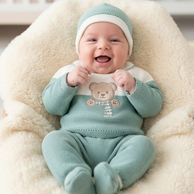 Bebé sorridente com fato e gorro verdes e brancos sentado em almofada macia creme
