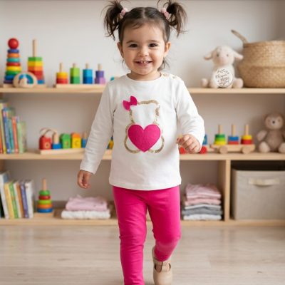 Camisola branca com design de ursinho e coração rosa, leggings rosa e sapatos bege em criança, ambiente lúdico com brinquedos.