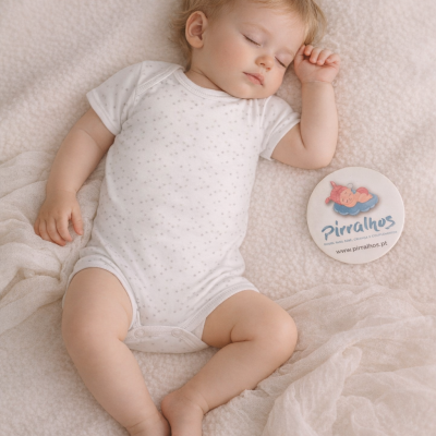 Bebé dormindo de body branco com padrão de estrelas e placa com logo Pirralhos
