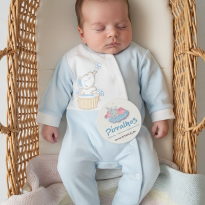 Bebé a dormir numa cesta de vime vestido com pijama azul claro e branco com desenho de elefante.