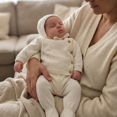 Bebé vestido com roupa de malha creme ao colo de mulher com camisola creme no interior de casa