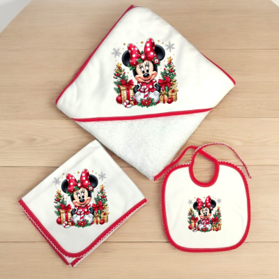 Conjunto de toalha, fralda e babete branca com Minnie natalícia e bordas vermelhas