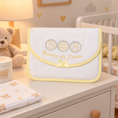 Bolsa branca e amarela com ursinhos e texto Boletim de Saúde em quarto de bebé