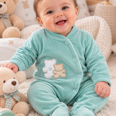 Bebé sorridente com babygrow verde-água com ursinhos, sentado no tapete com brinquedos e almofadas de ursinhos