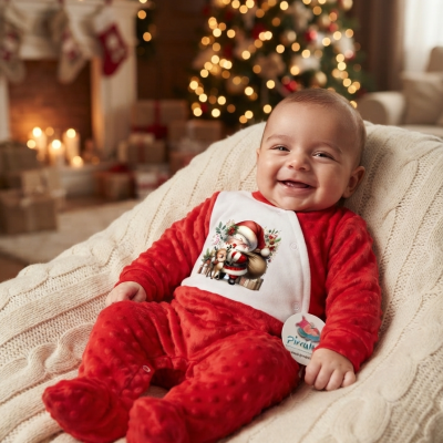 Bebé de pijama vermelho aveludado com estampa de Pai Natal, sorridente num cobertor creme com decoração de Natal ao fundo