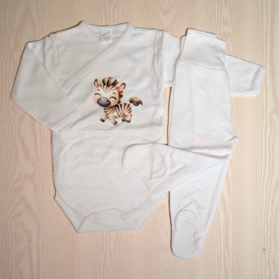 Conjunto de bebé branco com body e calças, body com zebra colorida