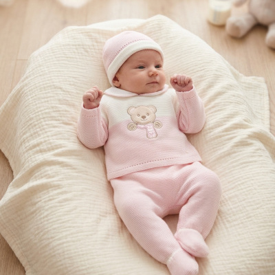 Bebé deitado em almofada creme com roupa de malha rosa e branca e gorro rosa