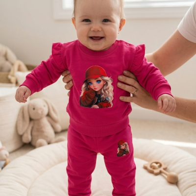 Roupa de bebé rosa com estampa de rapariga de boné vermelho