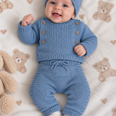 Bebé com roupa de malha azul e gorro deitado em cobertor branco com padrão de ursinhos
