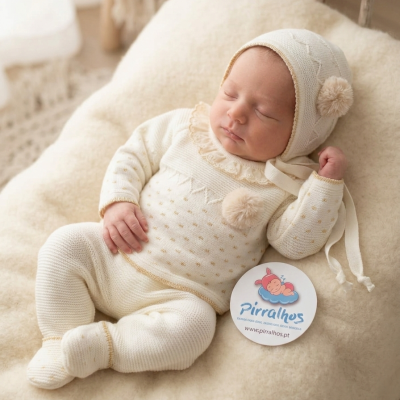 Bebé deitado com roupa de malha bege com detalhes dourados e gorro com pompons
