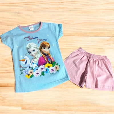 Conjunto infantil Frozen com t-shirt azul e calções rosa