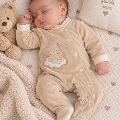 Bebé a dormir vestido com fato de veludo bege, cobertor e almofada com texto, lençol com padrão de ursinhos.