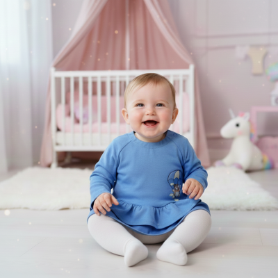 Bebé sorridente com vestido azul e collants brancos sentado em quarto de bebé com berço e decoração em tons pastel