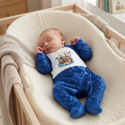 Bebé de macacão azul com estampado a dormir em berço de madeira com colchão creme e manta bege