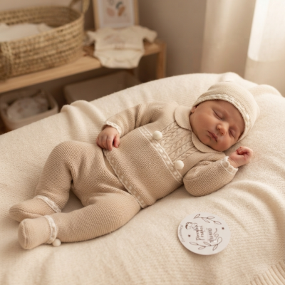 Bebé vestido com fato de lã bege e touca a dormir sobre manta bege com etiqueta redonda