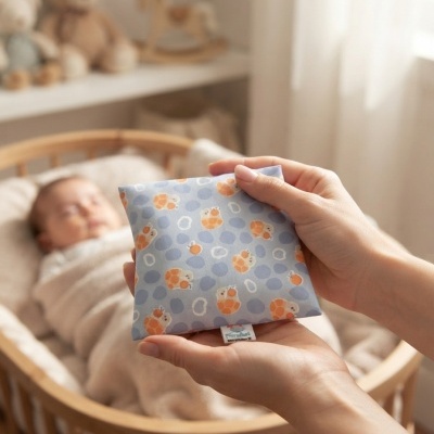 Almofada pequena azul com padrão de caranguejos segura por mãos em berço com bebé a dormir