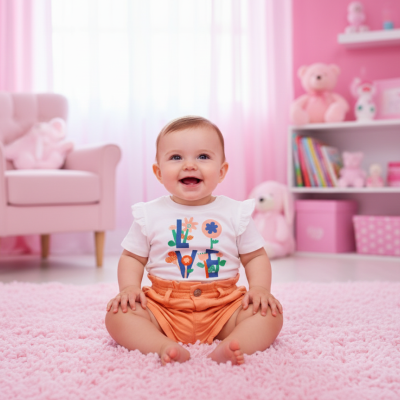 Bebé sentado em tapete cor-de-rosa em quarto infantil cor-de-rosa
