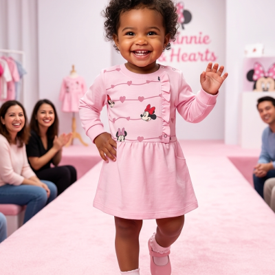 Menina com vestido rosa Minnie Mouse a andar numa passarela cor de rosa em ambiente claro.