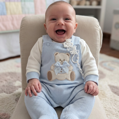 Bebé sorridente vestido com fato azul claro e camisa branca sentado numa cadeira bege