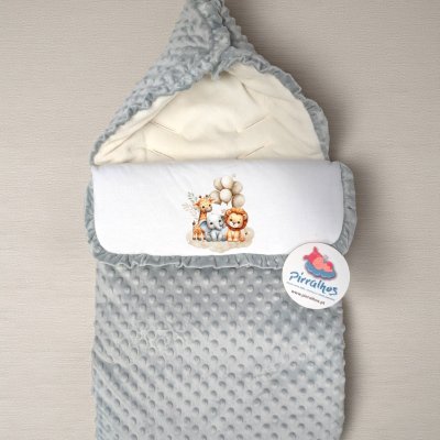 Saco de bebé cinzento com desenho de animais e etiqueta Pirralhos