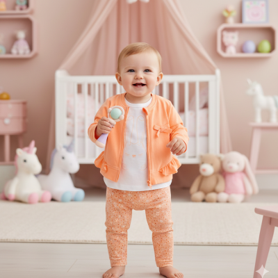 Bebé com roupas laranja e branca em quarto infantil colorido com brinquedos.