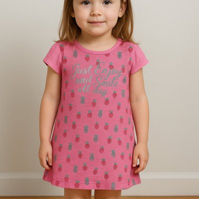 Vestido rosa com padrão de morangos e abacaxis e texto prateado para criança