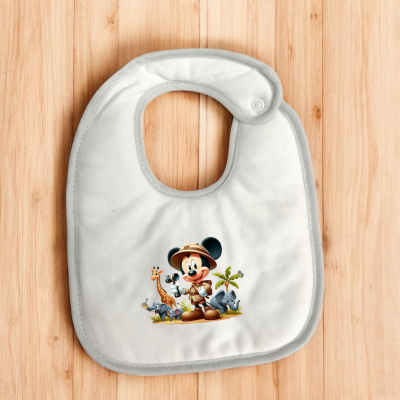 Babete branco com estampa de Mickey explorador e bordas cinzentas
