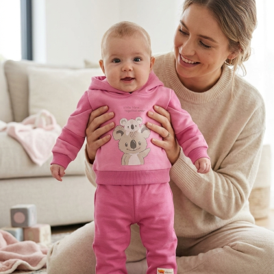Bebé com roupa rosa com capuz e estampas de coalas, segurado por mulher sorridente em casa