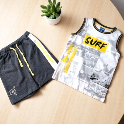 Conjunto infantil de t-shirt sem mangas branca e calções cinza escuro sobre mesa clara com vaso de planta suculenta.