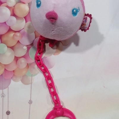 Chupeta para bebé com peluche de pássaro rosa e branco