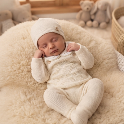Bebé com conjunto de malha creme e gorro a dormir numa almofada felpuda creme