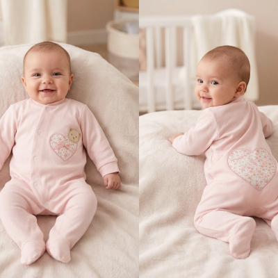 Pijama de bebé cor-de-rosa com estampas de coração floral e bordado de ursinho