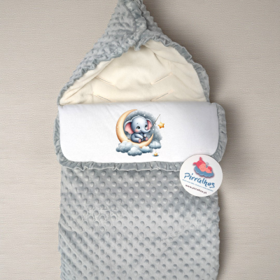 Saco de bebé cinza com elefante a pescar estrela e etiqueta Pirralhos